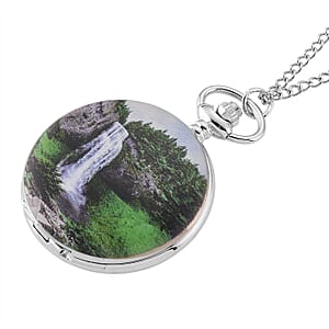 Strada Japanese Movement Waterfall Pattern Pocket Watch with Chain (36 Inches) in Silvertone