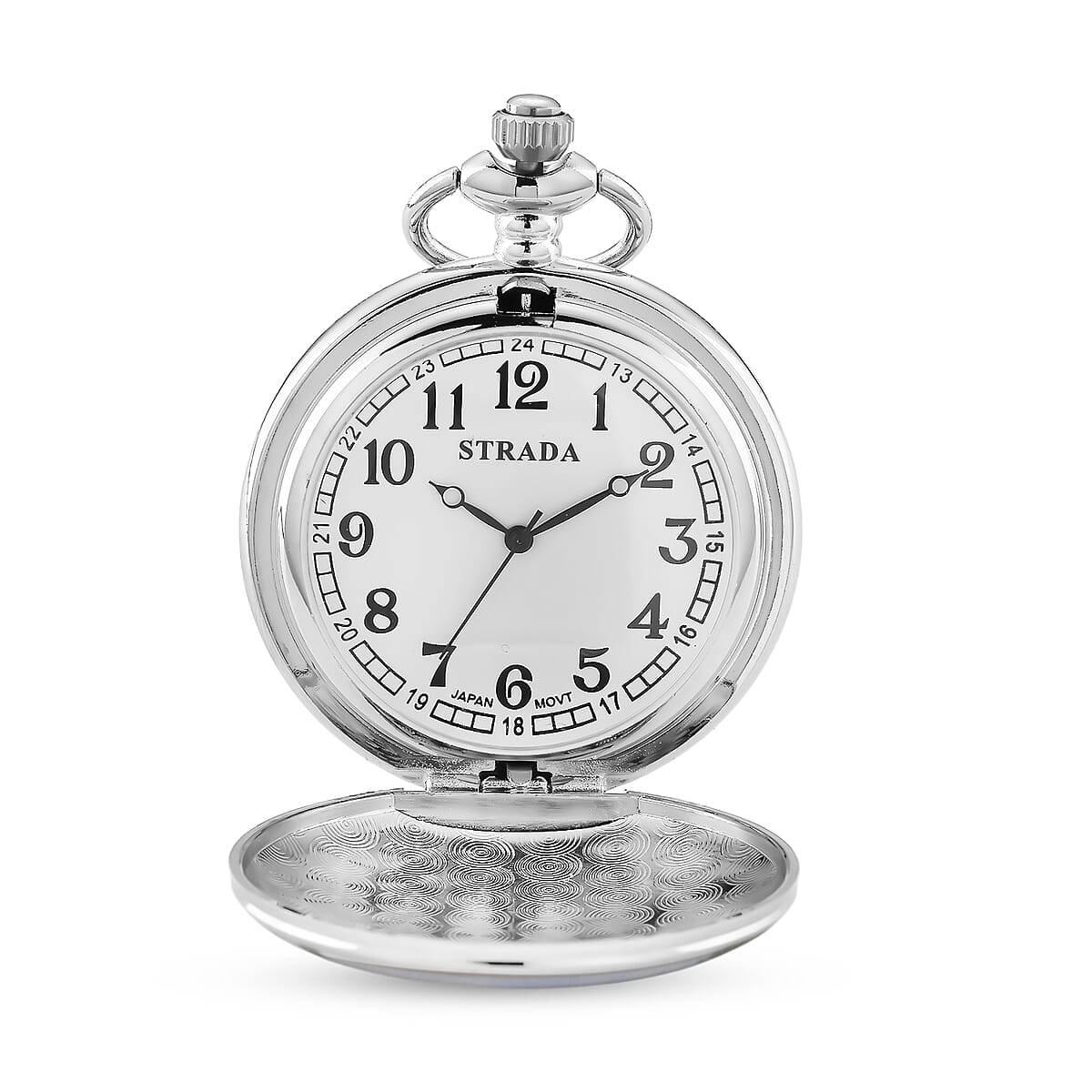 Strada Japanese Movement Waterfall Pattern Pocket Watch with Chain (36 Inches) in Silvertone image number 5