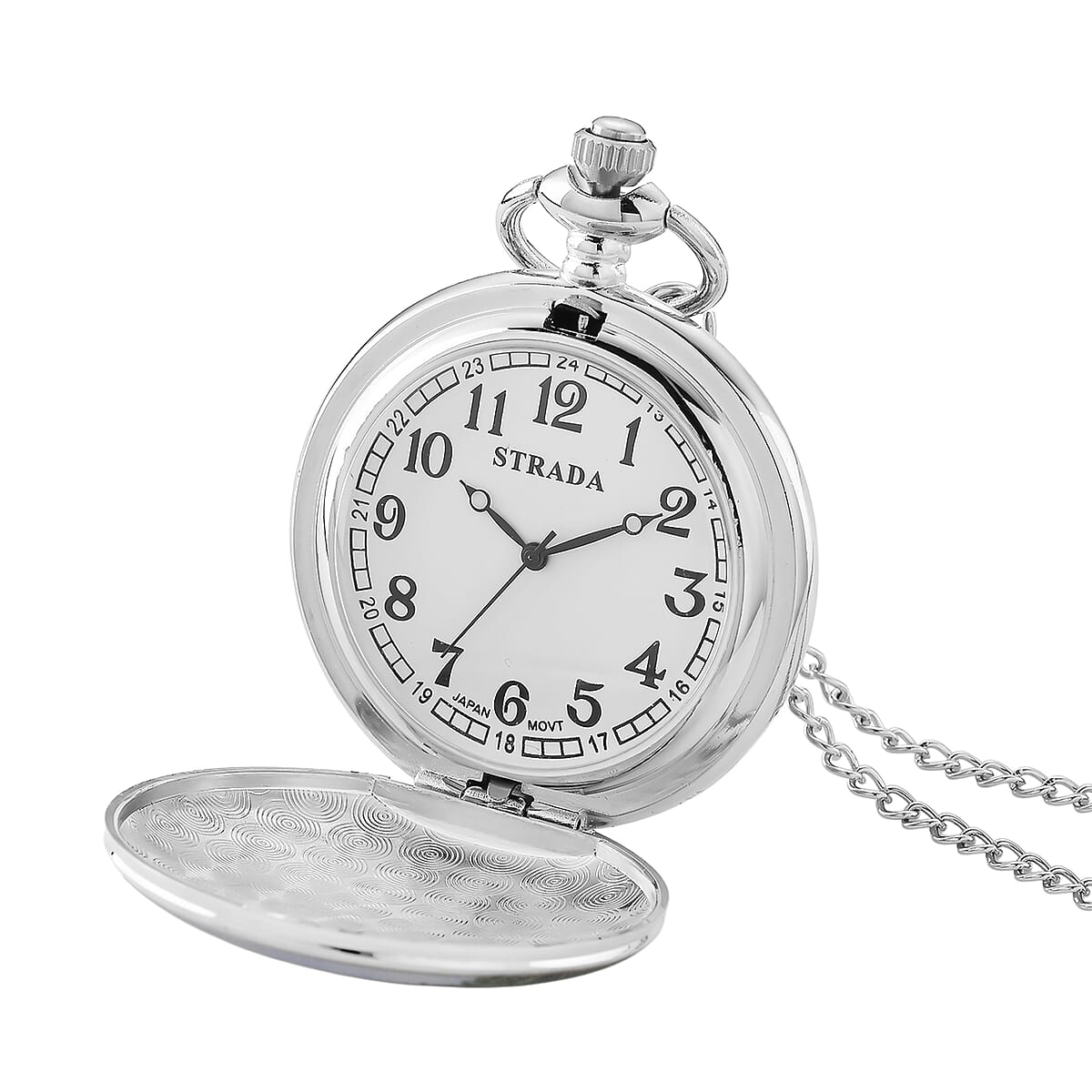 Strada Japanese Movement Waterfall Pattern Pocket Watch with Chain (36 Inches) in Silvertone image number 6