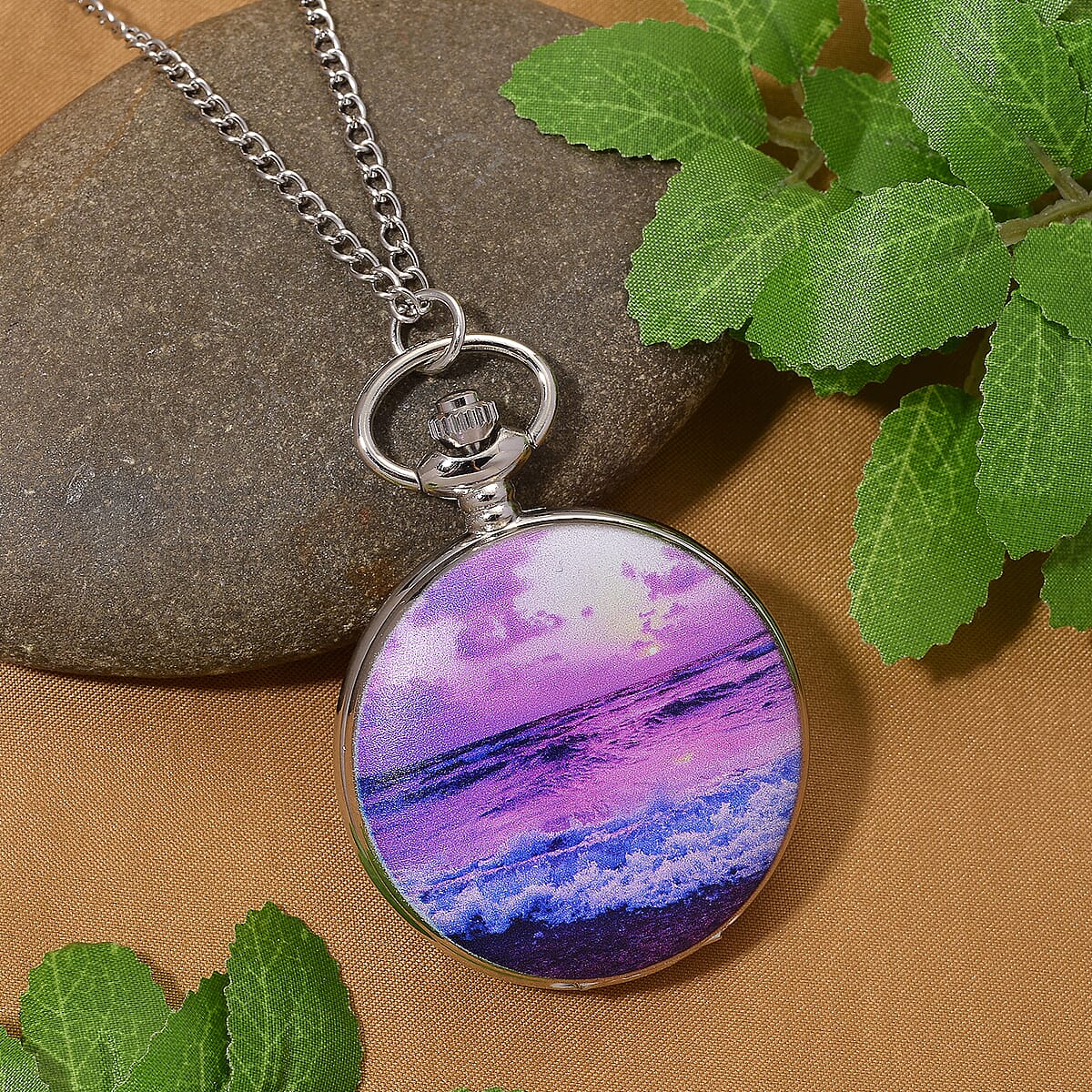 Strada Japanese Movement Beach Pattern Pocket Watch with Chain (36 Inches) in Silvertone image number 1