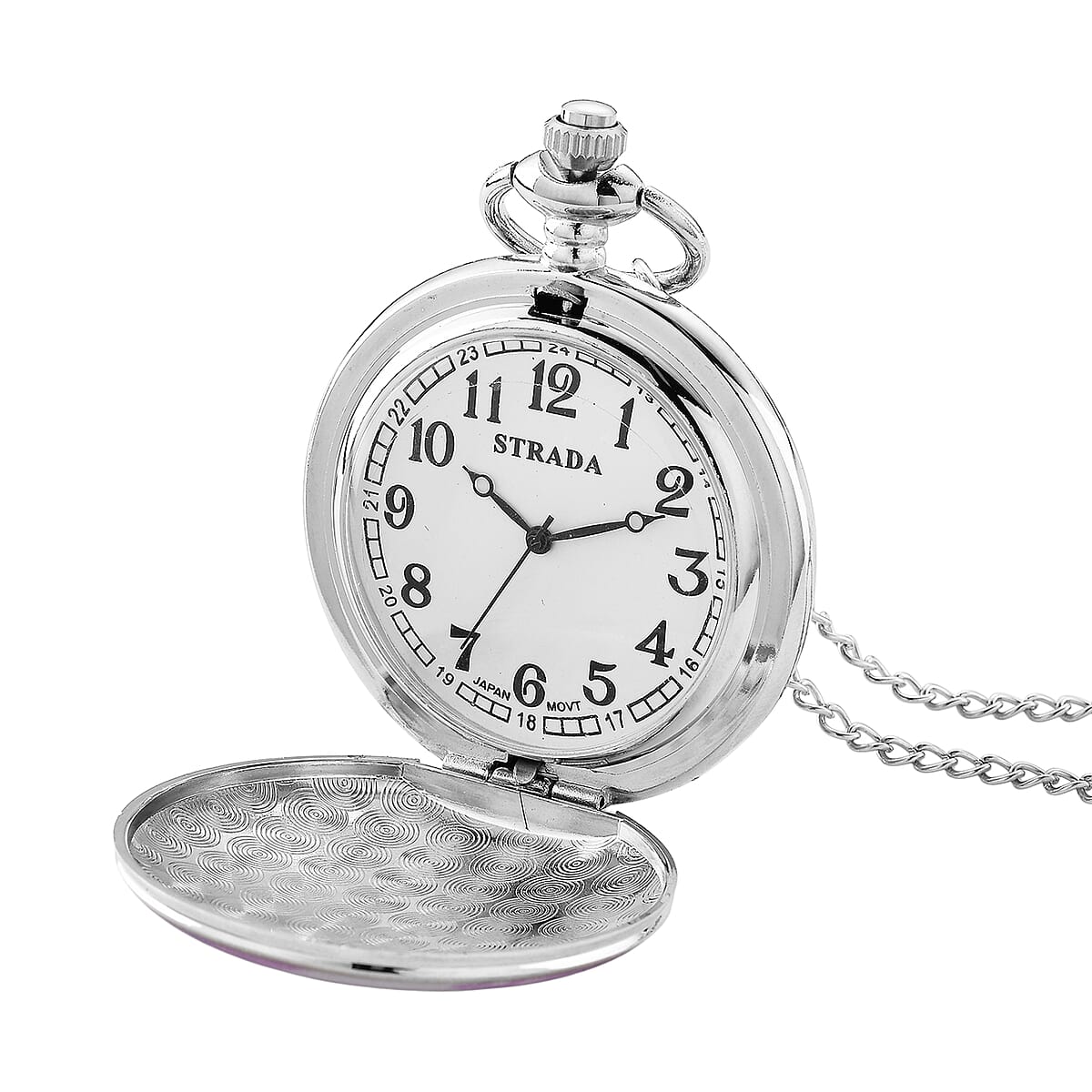 Strada Japanese Movement Beach Pattern Pocket Watch with Chain (36 Inches) in Silvertone image number 6