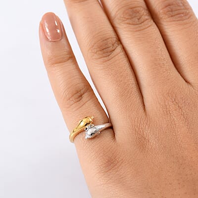 D'Joy Dolphin Twin Spirits Ring in 18K Vermeil YG and Rhodium Over Sterling Silver (Size 10.0) 4.10 Grams
