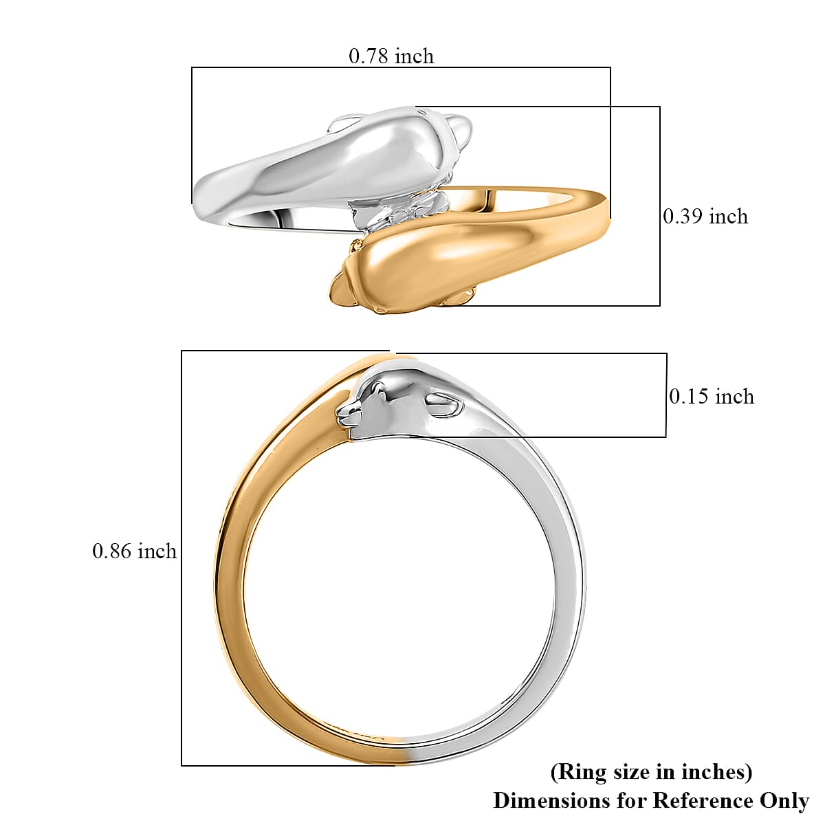 D'Joy Dolphin Twin Spirits Ring in 18K Vermeil YG and Rhodium Over Sterling Silver (Size 10.0) 4.10 Grams