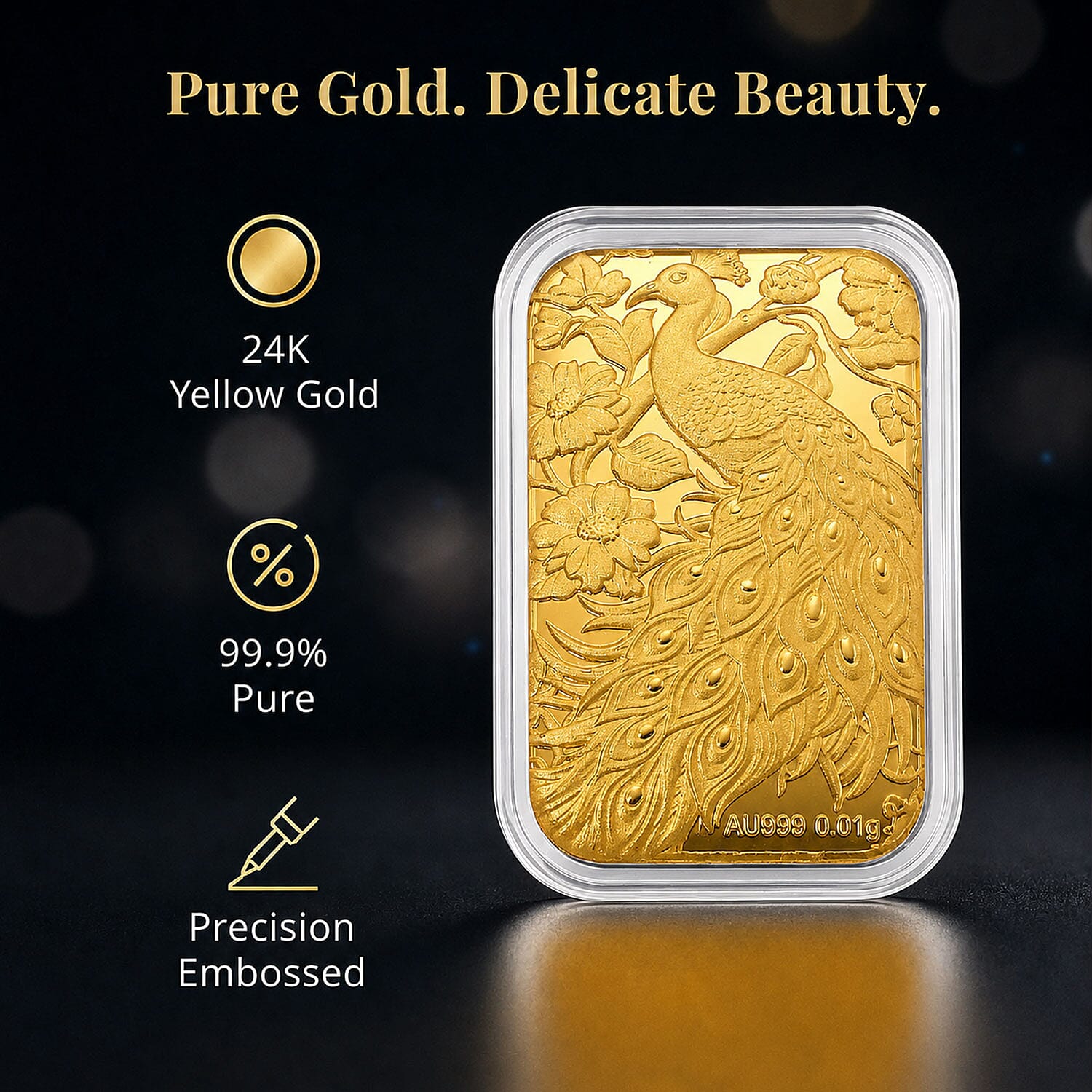 24K Yellow Gold Peacock Embossed Sheet 10mg