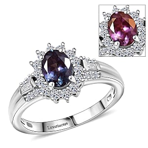 Luxuriant AAA Lab Grown Alexandrite and White Zircon 1.60 ctw Midnight Whisper Ring in Rhodium Over Sterling Silver (Size 10.0)