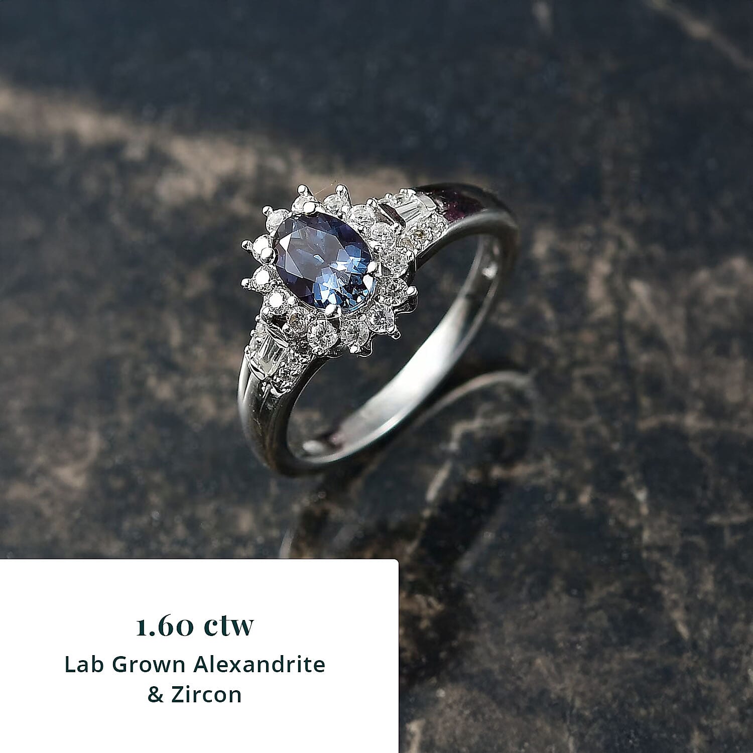 Luxuriant AAA Lab Grown Alexandrite and White Zircon 1.60 ctw Midnight Whisper Ring in Rhodium Over Sterling Silver (Size 10.0)