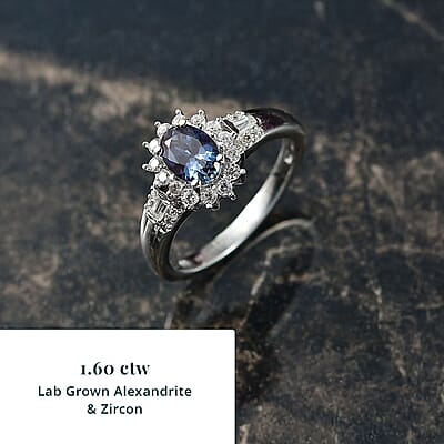 Luxuriant AAA Lab Grown Alexandrite and White Zircon 1.60 ctw Midnight Whisper Ring in Rhodium Over Sterling Silver (Size 10.0)