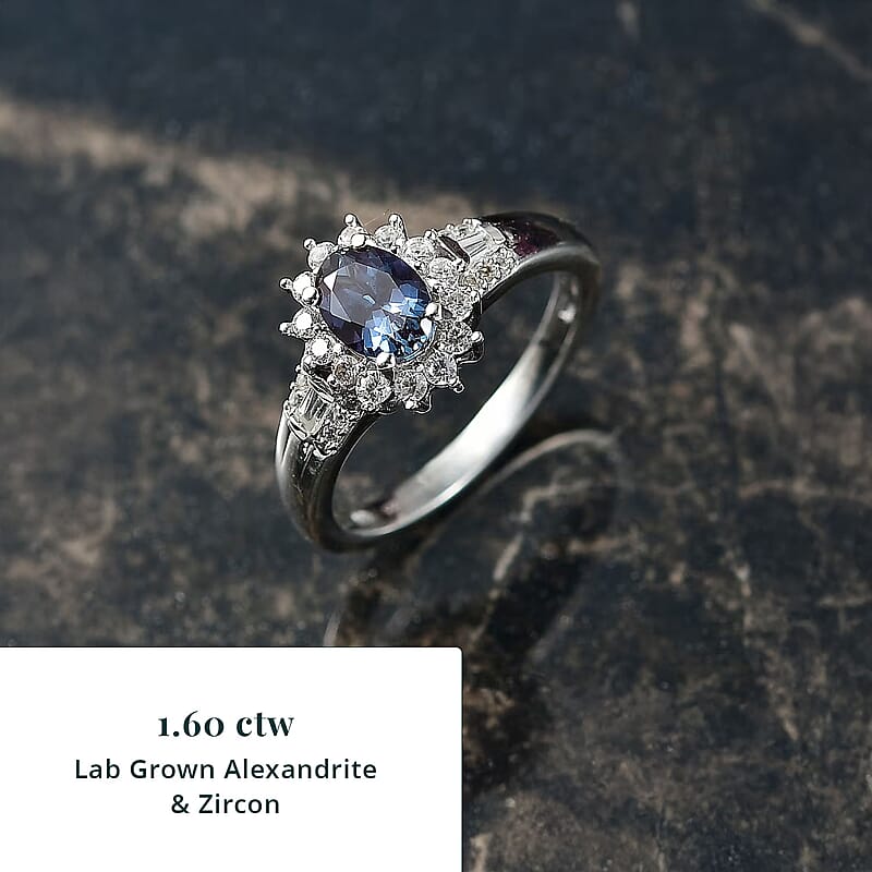 Luxuriant AAA Lab Grown Alexandrite and White Zircon 1.60 ctw Midnight Whisper Ring in Rhodium Over Sterling Silver (Size 10.0)