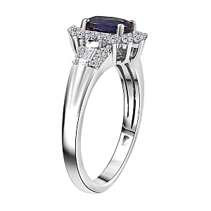Luxuriant AAA Lab Grown Alexandrite and White Zircon 1.60 ctw Midnight Whisper Ring in Rhodium Over Sterling Silver (Size 10.0)