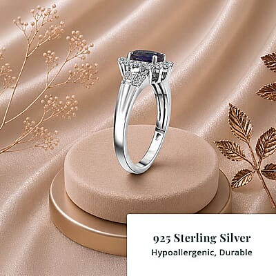 Luxuriant AAA Lab Grown Alexandrite and White Zircon 1.60 ctw Midnight Whisper Ring in Rhodium Over Sterling Silver (Size 10.0)