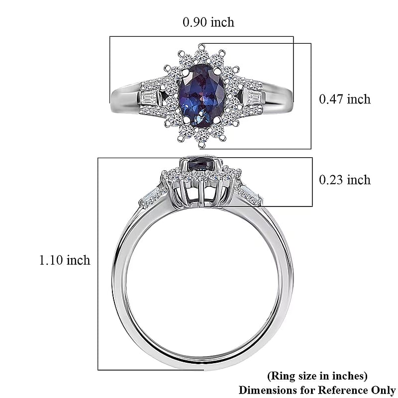 Luxuriant AAA Lab Grown Alexandrite and White Zircon 1.60 ctw Midnight Whisper Ring in Rhodium Over Sterling Silver (Size 10.0)