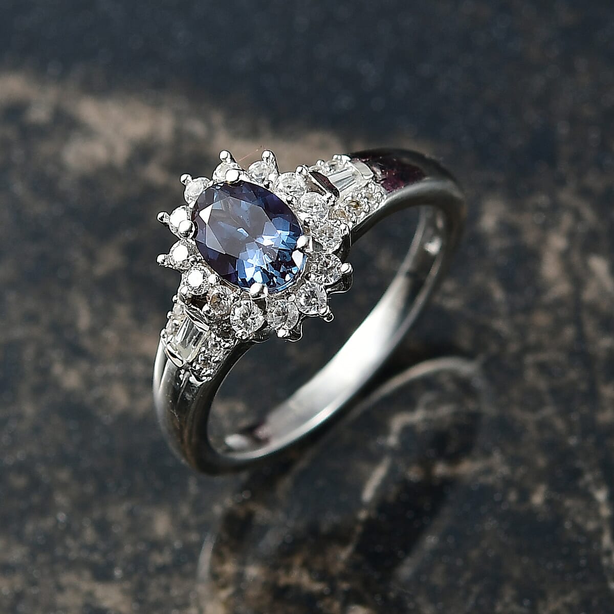 Luxuriant AAA Lab Grown Alexandrite and White Zircon 1.60 ctw Midnight Whisper Ring in Rhodium Over Sterling Silver (Size 6.0) image number 1