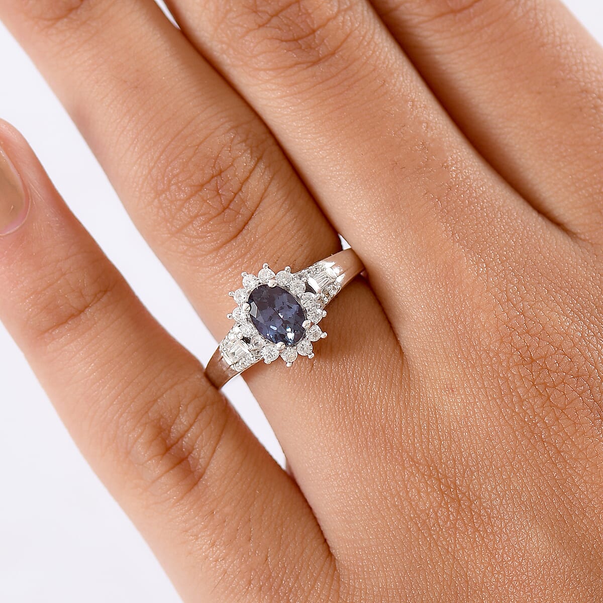 Luxuriant AAA Lab Grown Alexandrite and White Zircon 1.60 ctw Midnight Whisper Ring in Rhodium Over Sterling Silver (Size 7.0) image number 2