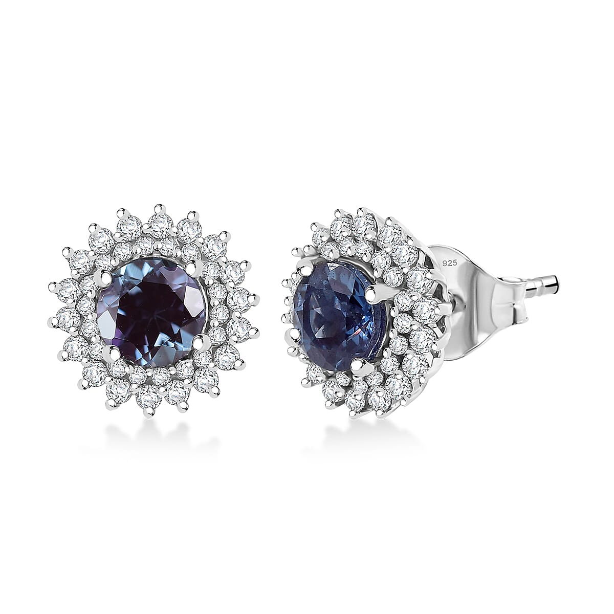 Luxuriant Lab Grown Alexandrite and White Zircon 2.20 ctw Daybreak Halo Earrings in Rhodium Over Sterling Silver image number 0