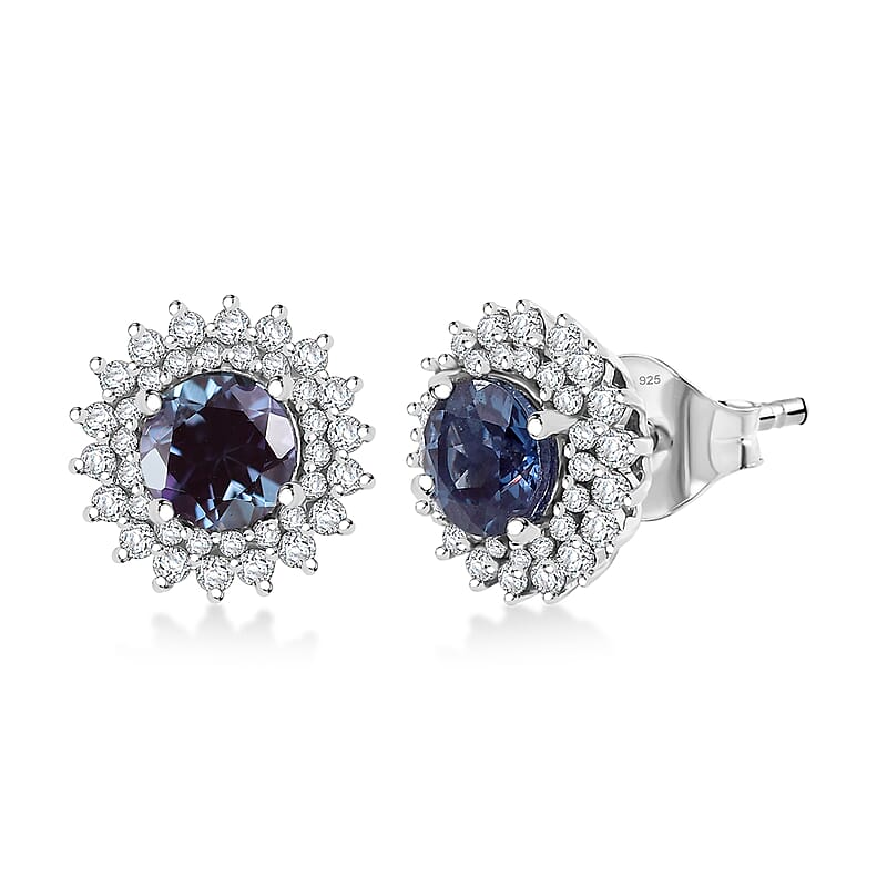 Luxuriant Lab Grown Alexandrite and White Zircon 2.20 ctw Daybreak Halo Earrings in Rhodium Over Sterling Silver
