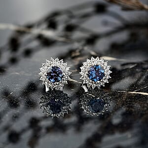 Luxuriant Lab Grown Alexandrite and White Zircon 2.20 ctw Daybreak Halo Earrings in Rhodium Over Sterling Silver