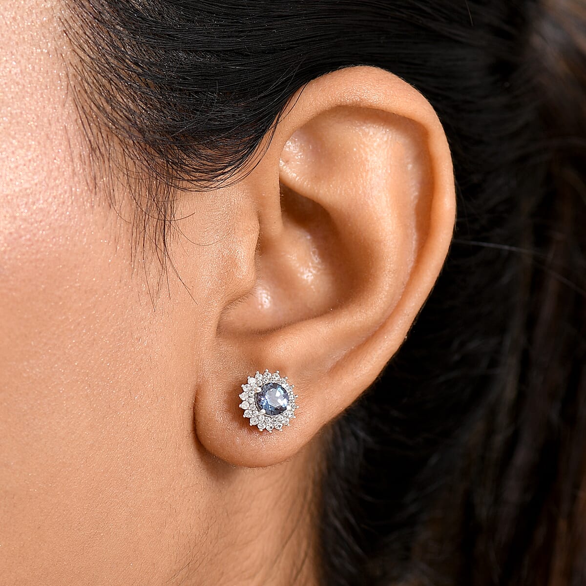 Luxuriant Lab Grown Alexandrite and White Zircon 2.20 ctw Daybreak Halo Earrings in Rhodium Over Sterling Silver image number 2