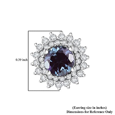 Luxuriant Lab Grown Alexandrite and White Zircon 2.20 ctw Daybreak Halo Earrings in Rhodium Over Sterling Silver