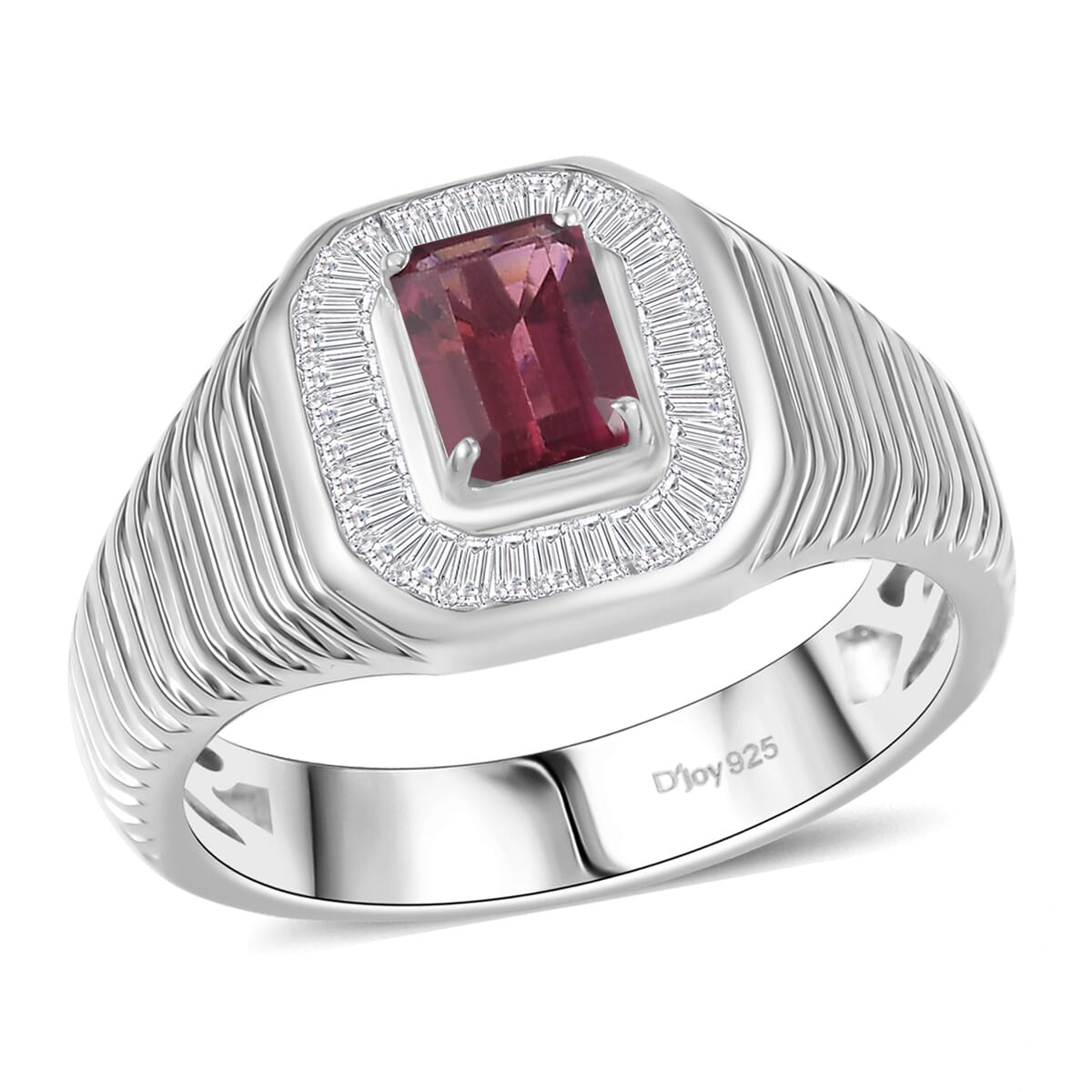 D’Joy Ouro Fino Rubellite and White Diamond 1.40 ctw Art Deco Men's Ring in Rhodium Over Sterling Silver (Size 10.0) image number 0