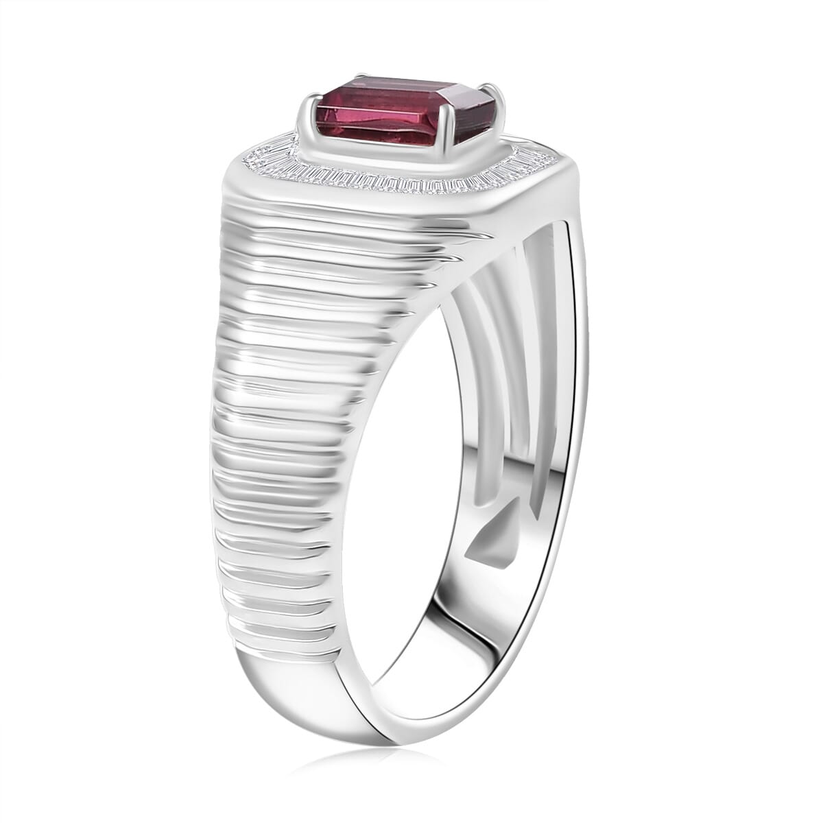 D’Joy Ouro Fino Rubellite and White Diamond 1.40 ctw Art Deco Men's Ring in Rhodium Over Sterling Silver (Size 10.0) image number 3