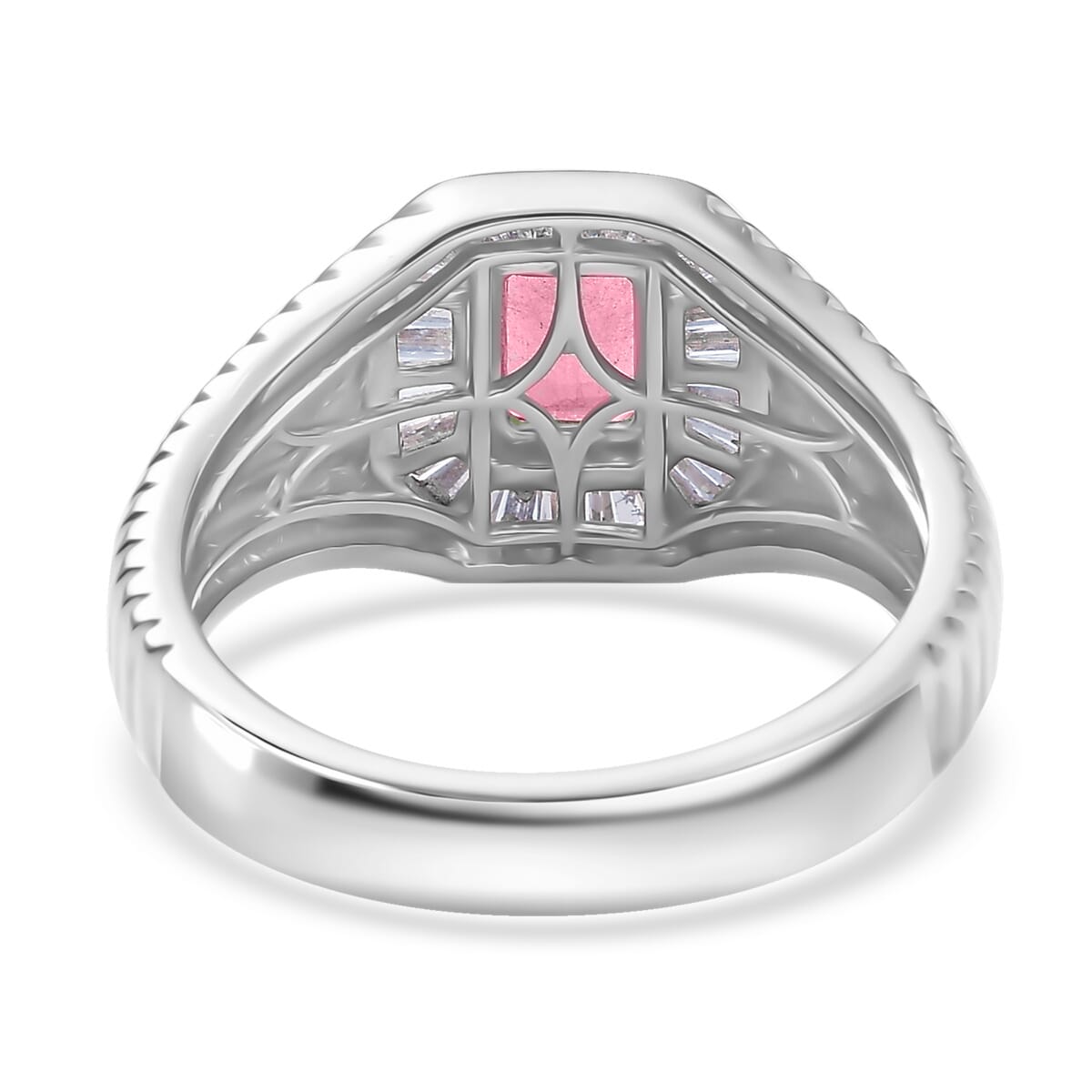 D’Joy Ouro Fino Rubellite and White Diamond 1.40 ctw Art Deco Men's Ring in Rhodium Over Sterling Silver (Size 10.0) image number 4
