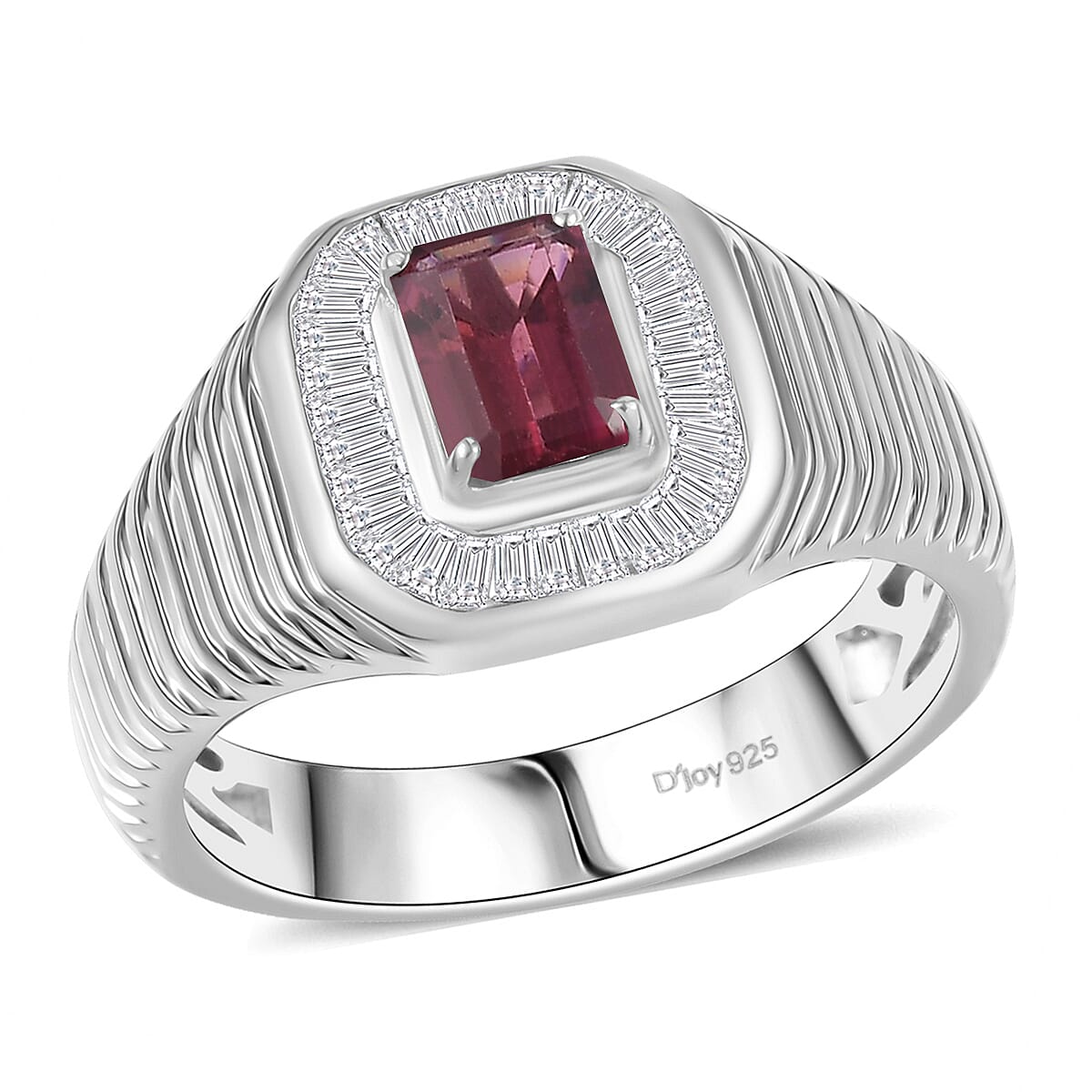 D'Joy Ouro Fino Rubellite and White Diamond 1.40 ctw Art Deco Men's Ring in Rhodium Over Sterling Silver (Size 9.0) image number 0
