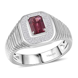 D'Joy Ouro Fino Rubellite and White Diamond 1.40 ctw Art Deco Men's Ring in Rhodium Over Sterling Silver (Size 9.0)