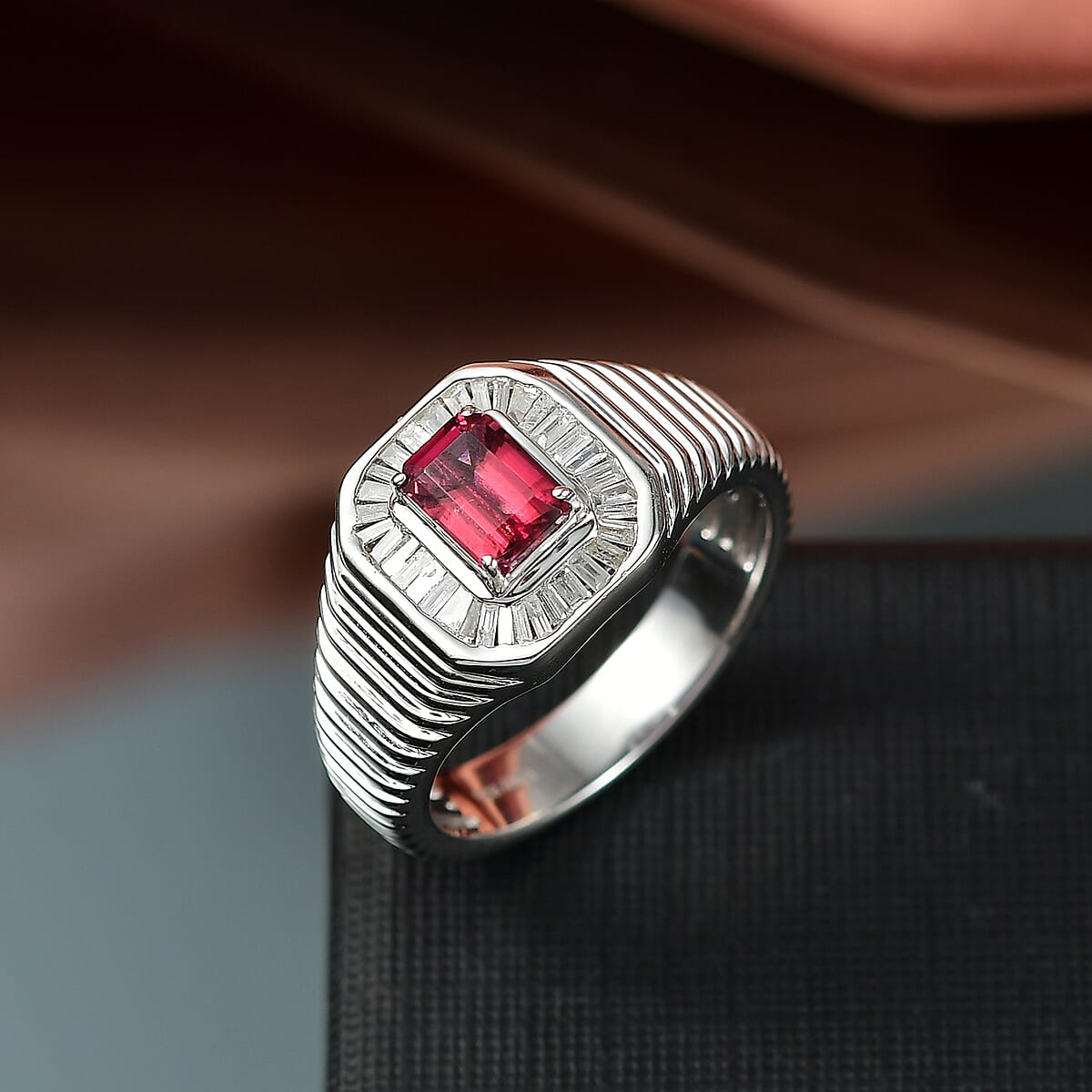 D'Joy Ouro Fino Rubellite and White Diamond 1.40 ctw Art Deco Men's Ring in Rhodium Over Sterling Silver (Size 9.0) image number 1