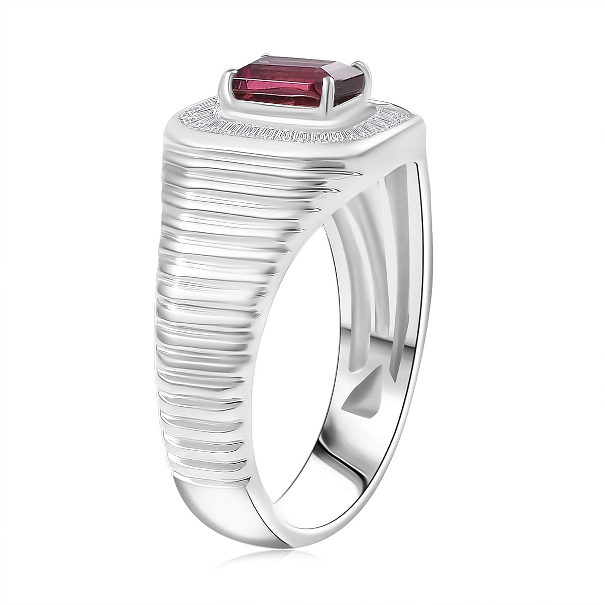 D'Joy Ouro Fino Rubellite and White Diamond 1.40 ctw Art Deco Men's Ring in Rhodium Over Sterling Silver (Size 9.0) image number 3