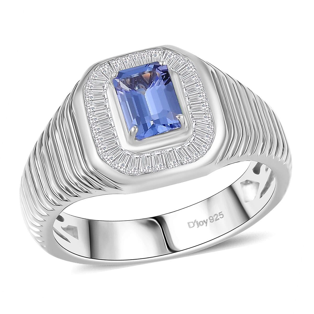 D’Joy Premium Tanzanite and White Diamond 1.50 ctw Art Deco Men's Ring in Rhodium Over Sterling Silver (Size 10.0)