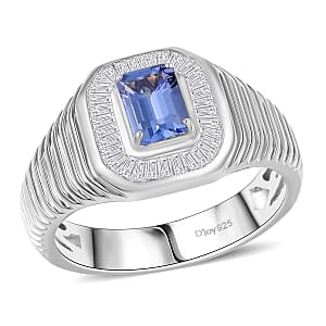 D&rsquo;Joy Premium Tanzanite and White Diamond 1.50 ctw Art Deco Men's Ring in Rhodium Over Sterling Silver (Size 10.0)
