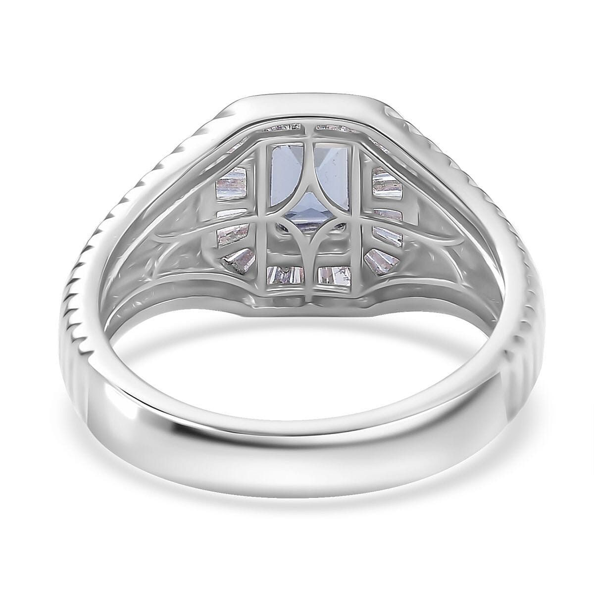 D'Joy Premium Tanzanite and White Diamond 1.50 ctw Art Deco Men's Ring in Rhodium Over Sterling Silver (Size 11.0)