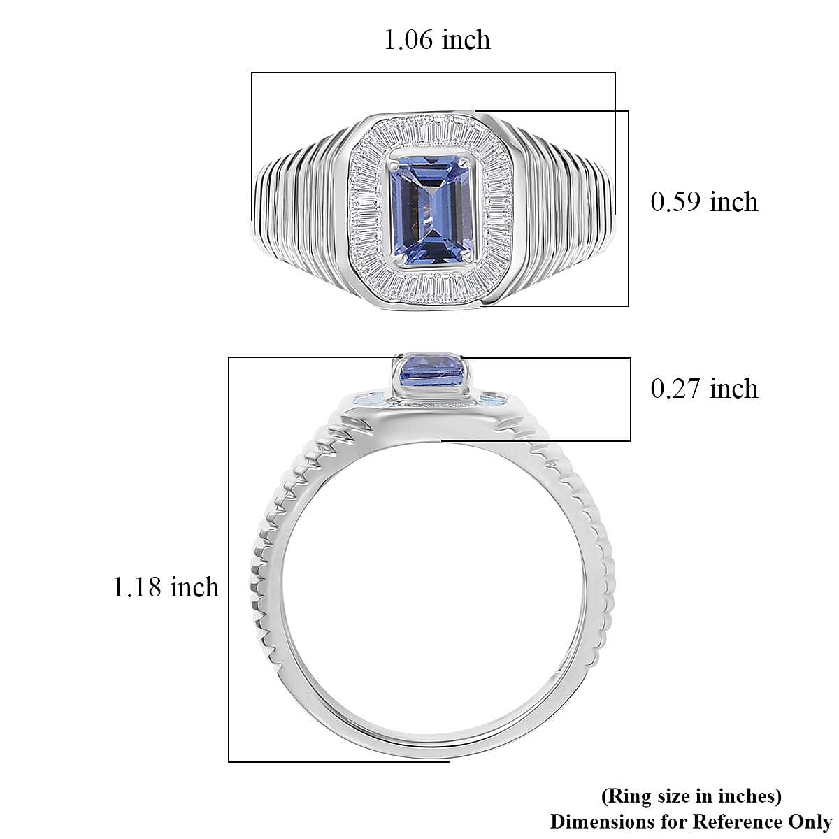 D'Joy Premium Tanzanite and White Diamond 1.50 ctw Art Deco Men's Ring in Rhodium Over Sterling Silver (Size 11.0)