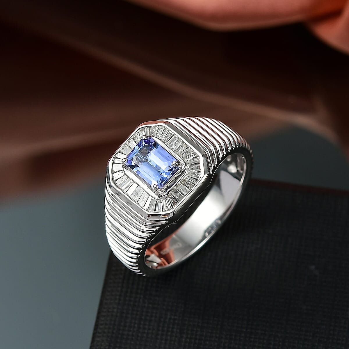 D&rsquo;Joy Premium Tanzanite and White Diamond 1.50 ctw Men's Ring in Rhodium Over Sterling Silver (Size 9.0) image number 1