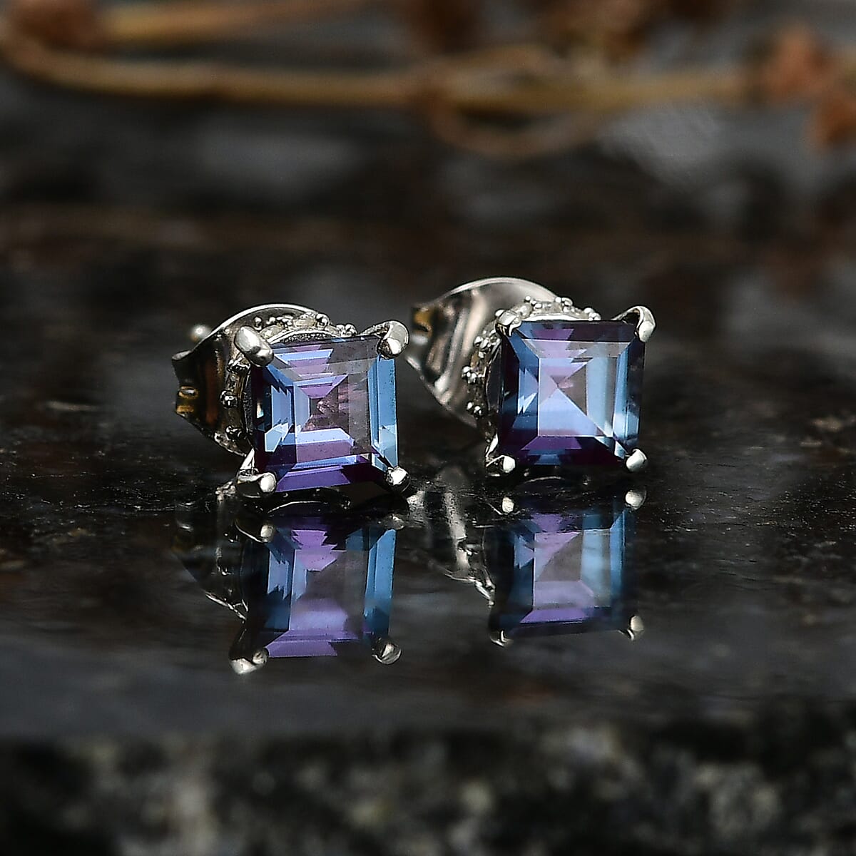 D'Joy Premium Lab Grown Alexandrite and Moissanite 1.80 ctw Art Deco Earrings in Rhodium Over Sterling Silver  image number 1