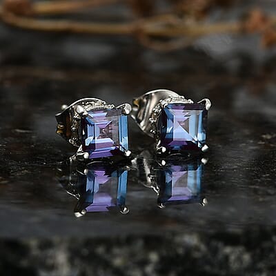 D'Joy Premium Lab Grown Alexandrite and Moissanite 1.80 ctw Art Deco Earrings in Rhodium Over Sterling Silver