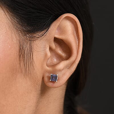 D'Joy Premium Lab Grown Alexandrite and Moissanite 1.80 ctw Art Deco Earrings in Rhodium Over Sterling Silver