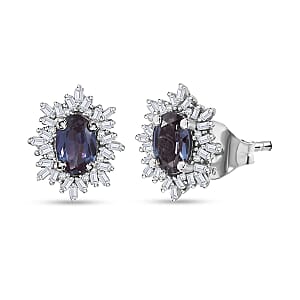 Luxuriant Premium Lab Grown Alexandrite and Diamond 1.30 ctw Twilight Bloom Earrings in Rhodium Over Sterling Silver 