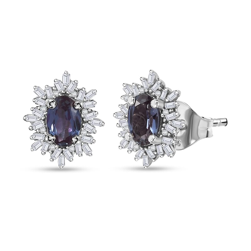 Luxuriant Premium Lab Grown Alexandrite and Diamond 1.30 ctw Twilight Bloom Earrings in Rhodium Over Sterling Silver