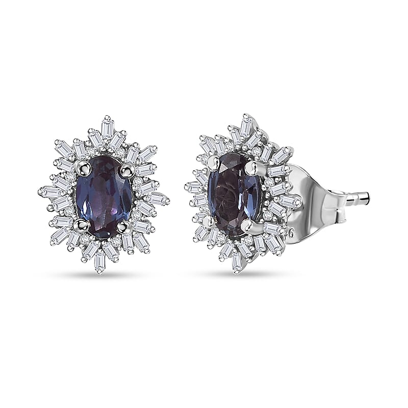 Luxuriant Premium Lab Grown Alexandrite and Diamond 1.30 ctw Twilight Bloom Earrings in Rhodium Over Sterling Silver
