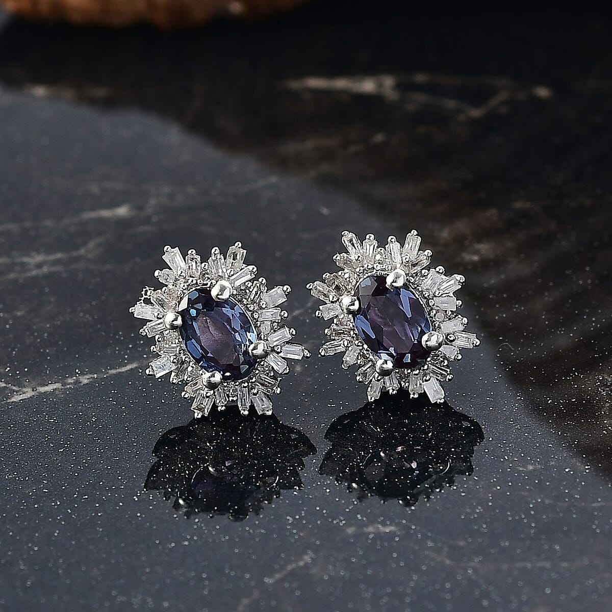 Luxuriant Premium Lab Grown Alexandrite and Diamond 1.30 ctw Twilight Bloom Earrings in Rhodium Over Sterling Silver  image number 1