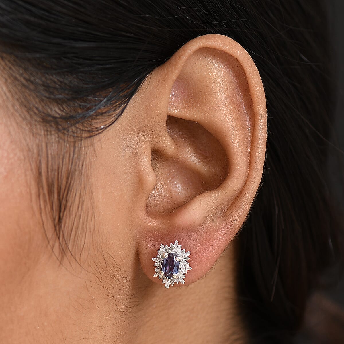 Luxuriant Premium Lab Grown Alexandrite and Diamond 1.30 ctw Twilight Bloom Earrings in Rhodium Over Sterling Silver  image number 2