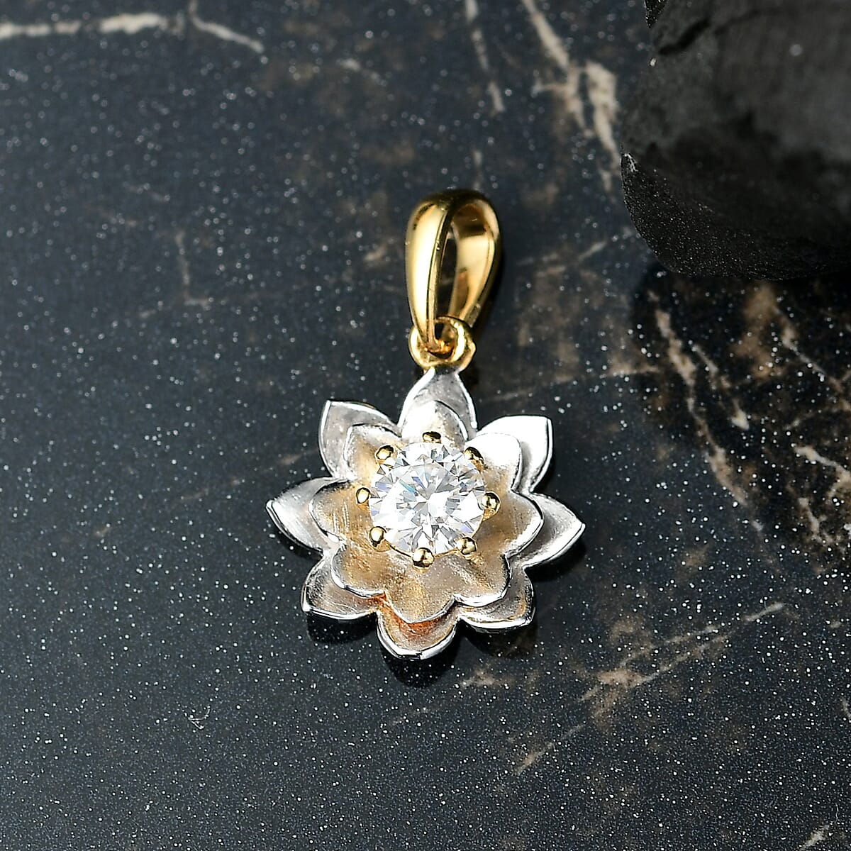 D'Joy Moissanite 0.40 ctw Floral Pendant without Chain in Rhodium Over and 18K Vermeil YG Over Sterling Silver image number 1