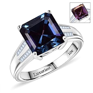Luxuriant AAA Lab Grown Alexandrite and E-F VS Lab Grown Diamond 4.50 ctw Twilight Regent Ring in 10K White Gold (Size 10.0) 4.3 Grams
