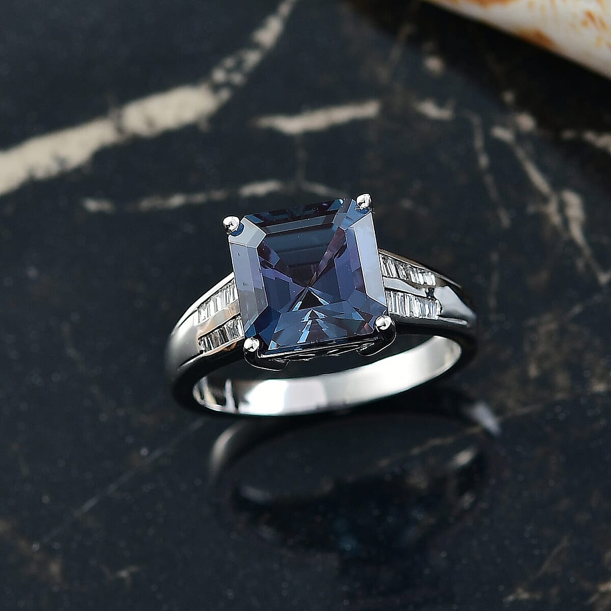 Luxuriant AAA Lab Grown Alexandrite and E-F VS Lab Grown Diamond 4.50 ctw Twilight Regent Ring in 10K White Gold (Size 10.0) 4.3 Grams image number 1