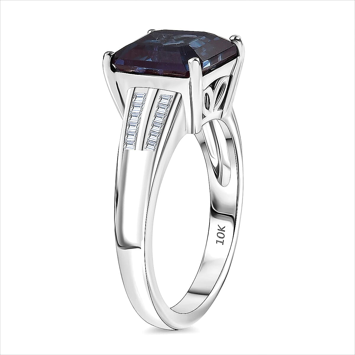Luxuriant AAA Lab Grown Alexandrite and E-F VS Lab Grown Diamond 4.50 ctw Twilight Regent Ring in 10K White Gold (Size 10.0) 4.3 Grams image number 3