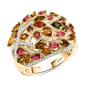 GP Italian Garden Collection Multi-Tourmaline and White Zircon 3.90 ctw Tree of Life Ring in 18K Vermeil Yellow Gold Over Sterling Silver (Size 10.0)