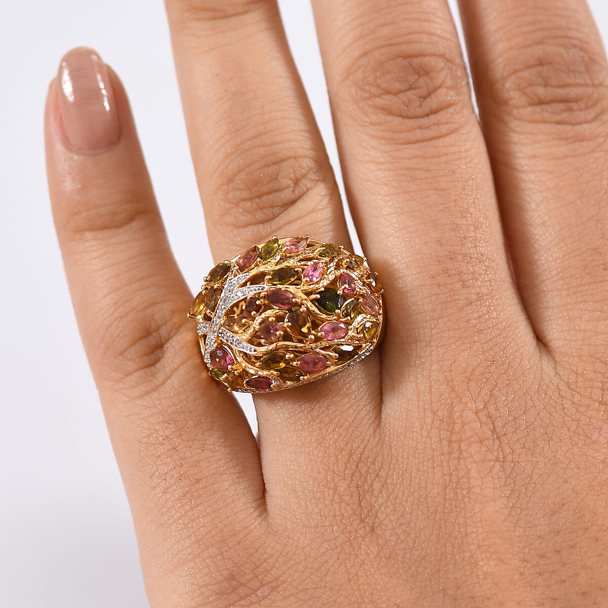 GP Italian Garden Collection Multi-Tourmaline and White Zircon 3.90 ctw Tree of Life Ring in 18K Vermeil Yellow Gold Over Sterling Silver (Size 10.0) image number 2