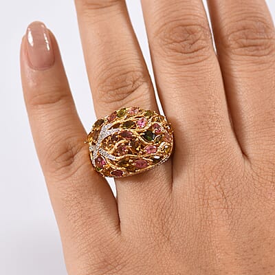 GP Italian Garden Collection Multi-Tourmaline and White Zircon 3.90 ctw Tree of Life Ring in 18K Vermeil Yellow Gold Over Sterling Silver (Size 10.0)