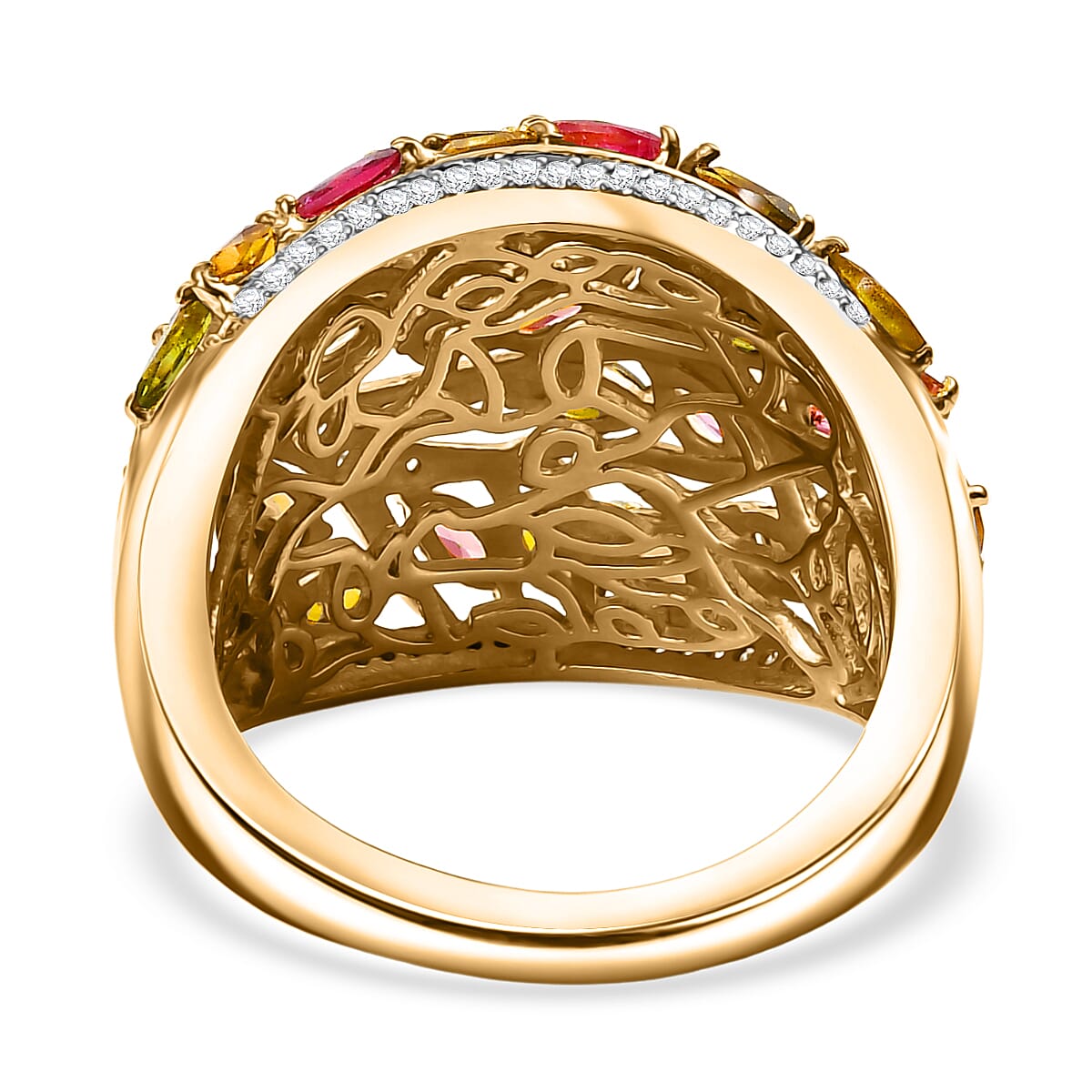 GP Italian Garden Collection Multi-Tourmaline and White Zircon 3.90 ctw Tree of Life Ring in 18K Vermeil Yellow Gold Over Sterling Silver (Size 10.0) image number 5